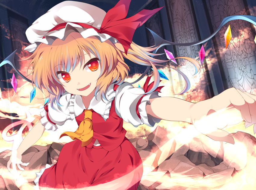 ascot bad_id bad_pixiv_id blonde_hair fangs female flandre_scarlet hat highres laevatein_(touhou) long_hair mizukami_ryouma open_mouth red_eyes side_ponytail skirt skirt_set solo touhou wings