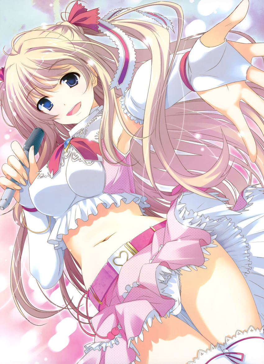 absurdres armpits arms_up ayakaze_ryuushou belt blonde_hair blue_eyes breasts bridal_gauntlets dengeki_moeou detached_sleeves female heart highres idol long_hair medium_breasts microphone midriff navel panties pink_skirt skirt smile solo thigh_gap thighhighs two_side_up underwear white_panties white_thighhighs