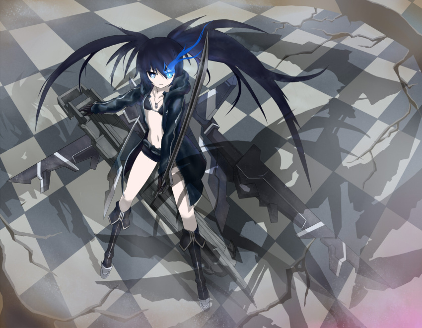 bikini bikini_top_only black_bikini black_hair black_rock_shooter black_rock_shooter_(character) black_shorts blue_eyes boots chains coat commentary_request dog_tags female flaming_eye full_body holding holding_sword holding_weapon jewelry long_hair midriff navel necklace no_shirt open_clothes shorts solo standing stomach swimsuit sword tarian twintails weapon