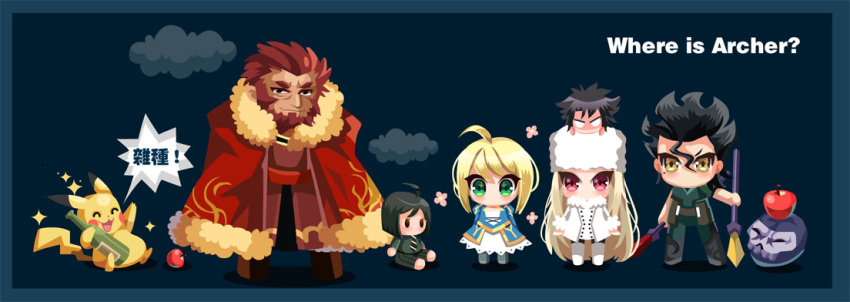 2girls 5boys ahoge apple armor artoria_pendragon_(fate) assassin_(fate/zero) beard bottle cape character_doll chibi chinese_commentary cloud commentary_request diarmuid_ua_duibhne_(lancer)_(fate) dress emiya_kiritsugu facial_hair fate/zero fate_(series) food fruit fusion gae_buidhe_(fate) gae_dearg_(fate) gilgamesh_(fate) hat irisviel_von_einzbern iskandar_(fate) mole mole_under_eye multiple_boys multiple_girls on_head person_on_head photoshop_(medium) pikachu pokemon pokemon_(creature) polearm saber_(fate) saya_kohiji_mame sparkle spear waver_velvet weapon