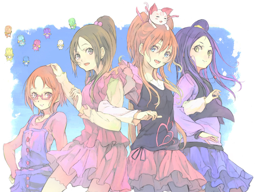 4girls blue_eyes brown_hair commentary_request dodory dory eyelashes fary glasses half_updo houjou_hibiki hummy_(suite_precure) kurokawa_eren lary long_hair minamino_kanade miry multiple_girls one_side_up orange_hair photoshop_(medium) pink_eyes ponytail precure purple_hair purple_shirt rery seiren_(suite_precure) shirabe_ako shirt short_hair skirt sory suite_precure tiry toromi_chuuka yellow_eyes