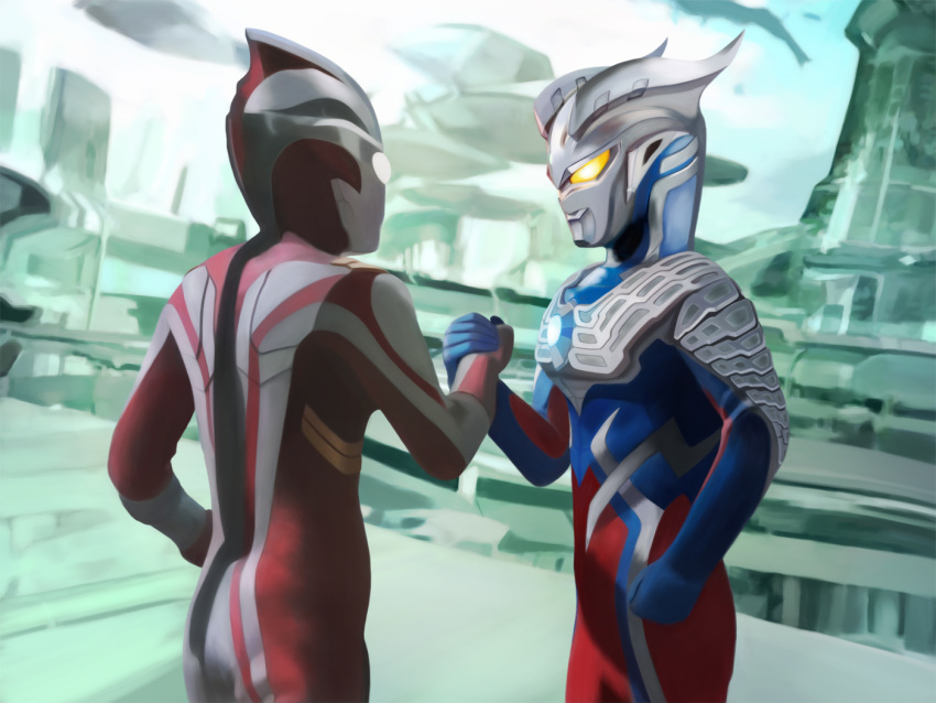 2boys bad_id bad_pixiv_id fumei_(mugendai) glowing glowing_eyes holding_hands multiple_boys photoshop_(medium) ultra_series ultraman_mebius ultraman_mebius_(series) ultraman_zero