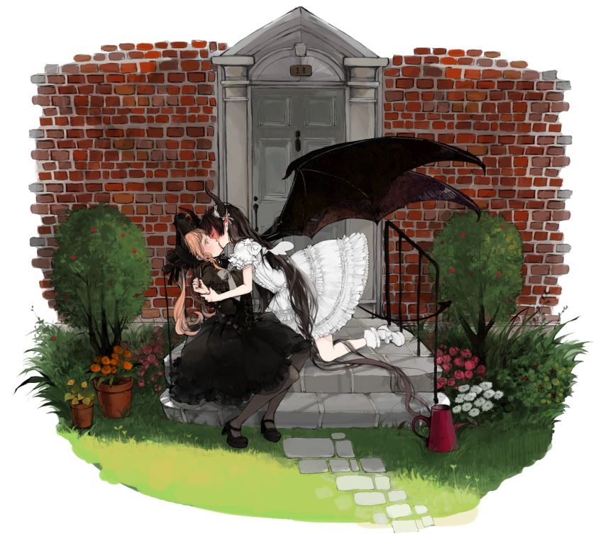 2girls bad_id bad_pixiv_id black_dress black_hair black_wings blonde_hair blood blush bonnet brick bush closed_eyes demon_girl demon_tail demon_wings door dress flower frilled_dress frills gothic_lolita grass grey_eyes grey_legwear hair_ornament highres holding_another's_wrist horns kissing kneeling lolita_fashion long_hair long_sleeves multiple_girls nekosuke_(oxo) original pantyhose plant pointy_ears potted_plant puffy_sleeves red_flower red_rose rose short_sleeves sitting socks stairs tail twintails very_long_hair white_dress white_legwear wings yuri