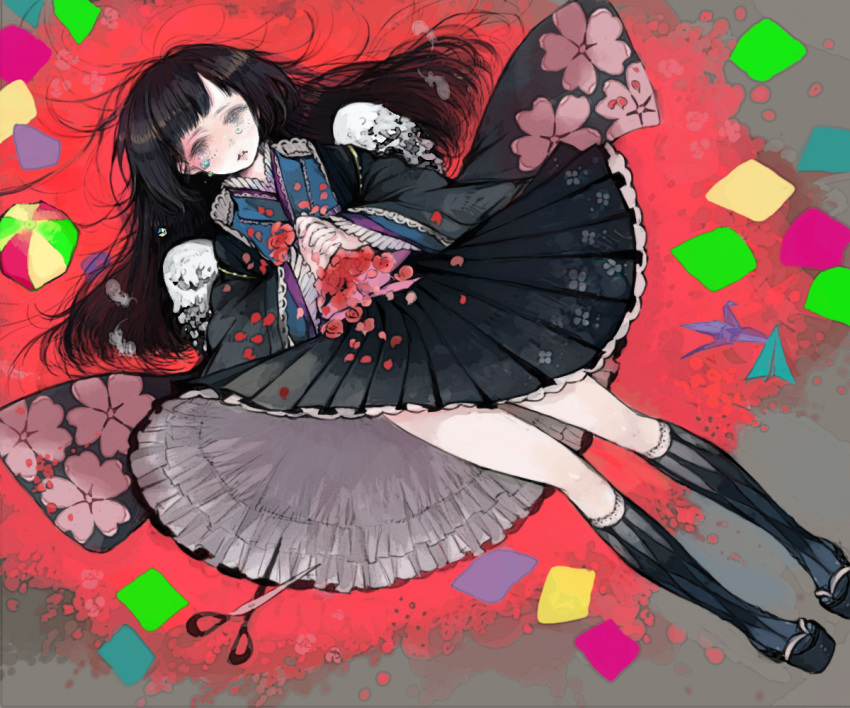 angel_wings argyle_clothes argyle_legwear bad_id bad_pixiv_id black_hair blue_eyes blue_kimono blue_socks female floral_print flower frills gathers japanese_clothes kimono kimono_skirt kneehighs lips long_hair long_sleeves lying nekosuke_(oxo) okobo on_back origami original own_hands_clasped own_hands_together paper_crane petals red_flower red_rose rose rose_petals sandals scissors skirt socks solo tears white_wings wide_sleeves wings