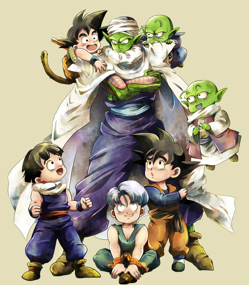 black_hair blue_eyes dende dragon_ball highres multiple_boys piccolo son_gohan son_gokuu son_goten tail trunks_(dragon_ball) trunks_brief trunks_briefs