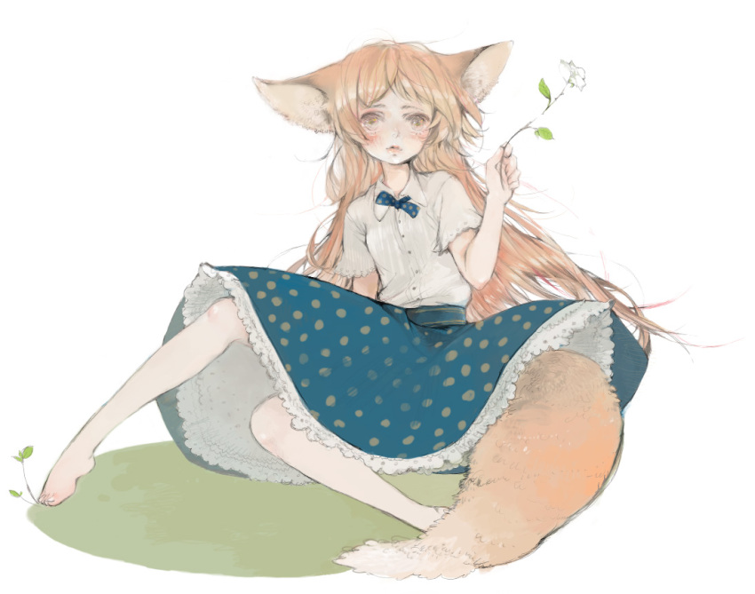 animal_ears bad_id bad_pixiv_id bare_legs barefoot bow bowtie brown_eyes brown_hair dress_shirt female flower fox_ears fox_tail frills holding legs lips long_hair nekosuke_(oxo) original polka_dot rose shirt short_sleeves simple_background sitting skirt solo tail white_background white_flower white_rose