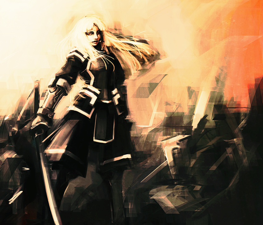 armor blonde_hair commentary_request facial_mark female hironox long_hair photoshop_(medium) pixiv_fantasia pixiv_fantasia_3 red_eyes solo sword weapon