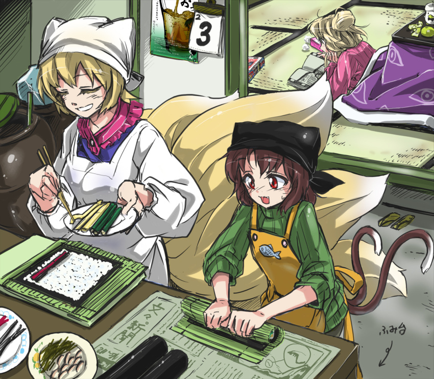 3girls alternate_costume alternate_hairstyle apron bleach blonde_hair brown_eyes brown_hair bunbunmaru calendar_(object) cat_tail chen chopsticks closed_eyes commentary cooking ehoumaki food fox_tail ginjou_kuugo green_shirt hair_bun head_scarf highres holding holding_chopsticks indoors izuna_nie kitchen kotatsu lying makisu makizushi multiple_girls multiple_tails nekomata newspaper nori_(seaweed) on_stomach open_mouth poster_(object) reading red_eyes ribbed_sweater setsubun shirt short_hair single_hair_bun sleeves_rolled_up smile sushi sweater table tail tatami touhou yakumo_ran yakumo_yukari