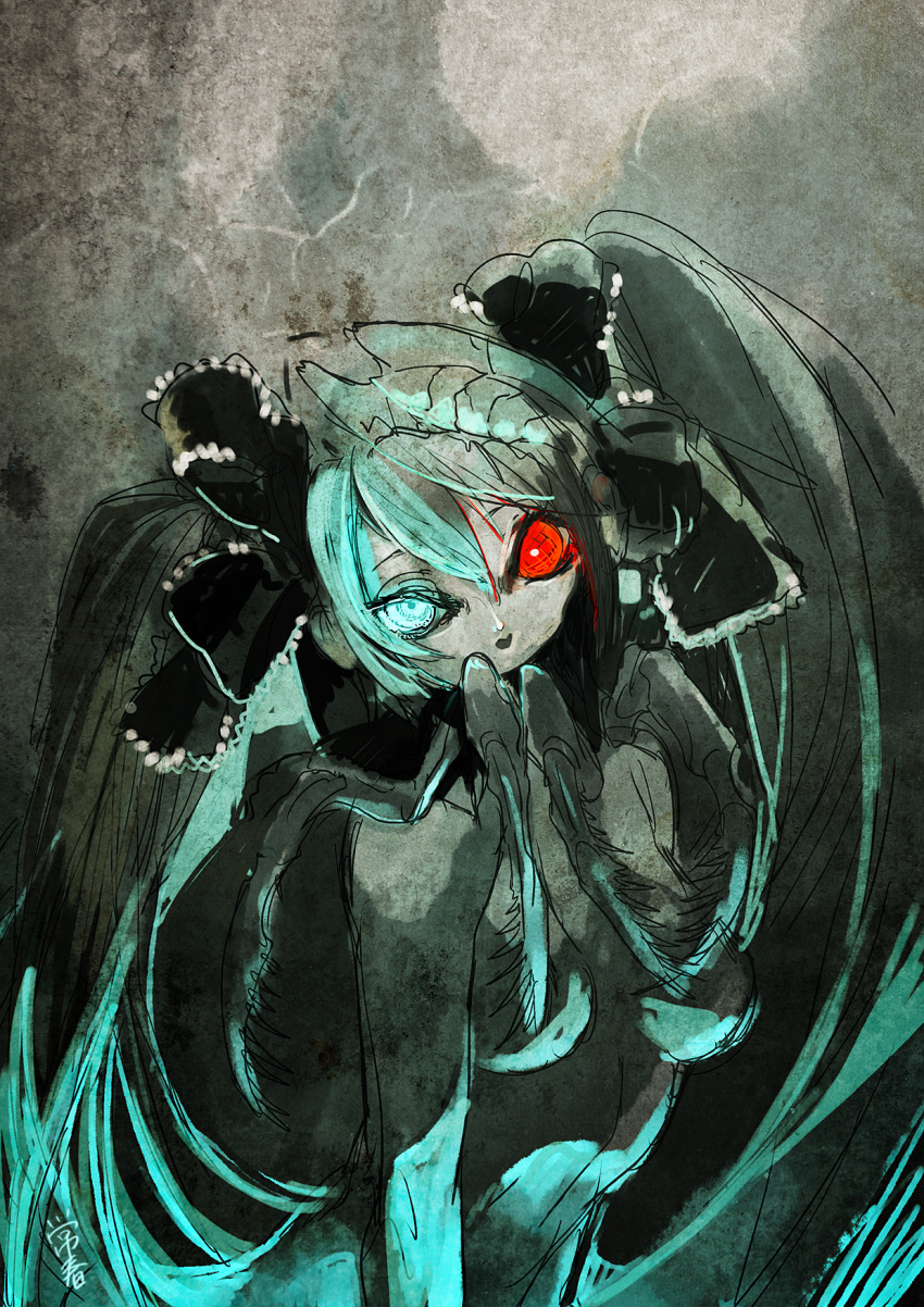 aqua_eyes aqua_hair arthropod_girl bad_id bad_pixiv_id bow breasts ca_(maeda_koutarou) calne_ca_(deino) crustacean female hair_ribbon hairbow heterochromia highres horror_(theme) isopod looking_at_viewer mandibles mogusa_tsuneharu monster_girl nude original photoshop_(medium) red_eyes ribbon saikin_osen_-_bacterial_contamination_-_(vocaloid) small_breasts twintails vocaloid