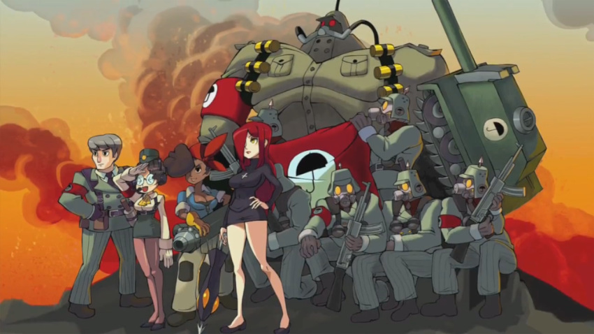 3girls 6+boys adam_kapowski alex_ahad army bare_legs black_egrets breasts closed_umbrella dark_skin flag gas_mask glasses gloves gun hair_over_one_eye krieg_(skullgirls) large_breasts legs long_hair mask medium_breasts military military_uniform miniskirt molly_(skullgirls) multiple_boys multiple_girls official_art panzerfaust panzerfaust_(skullgirls) parasoul_(skullgirls) red_hair roxie_(skullgirls) skirt skullgirls soldier sweater umbrella uniform weapon yellow_eyes