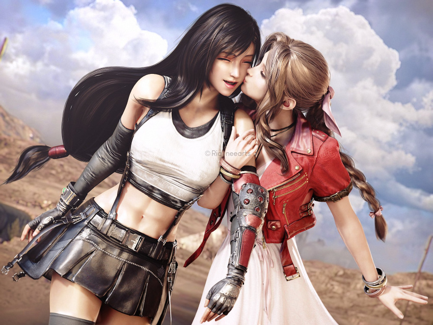 2girls 3d abs aerith_gainsborough blender cleavage closed_eyes clothed cute fair-skinned_female fair_skin female female_only final_fantasy final_fantasy_vii final_fantasy_vii_remake kiss_on_cheek kissing kissing_cheek light-skinned_female light_skin no_sex nonude ria-neearts square_enix thighs tifa_lockhart wholesome yuri