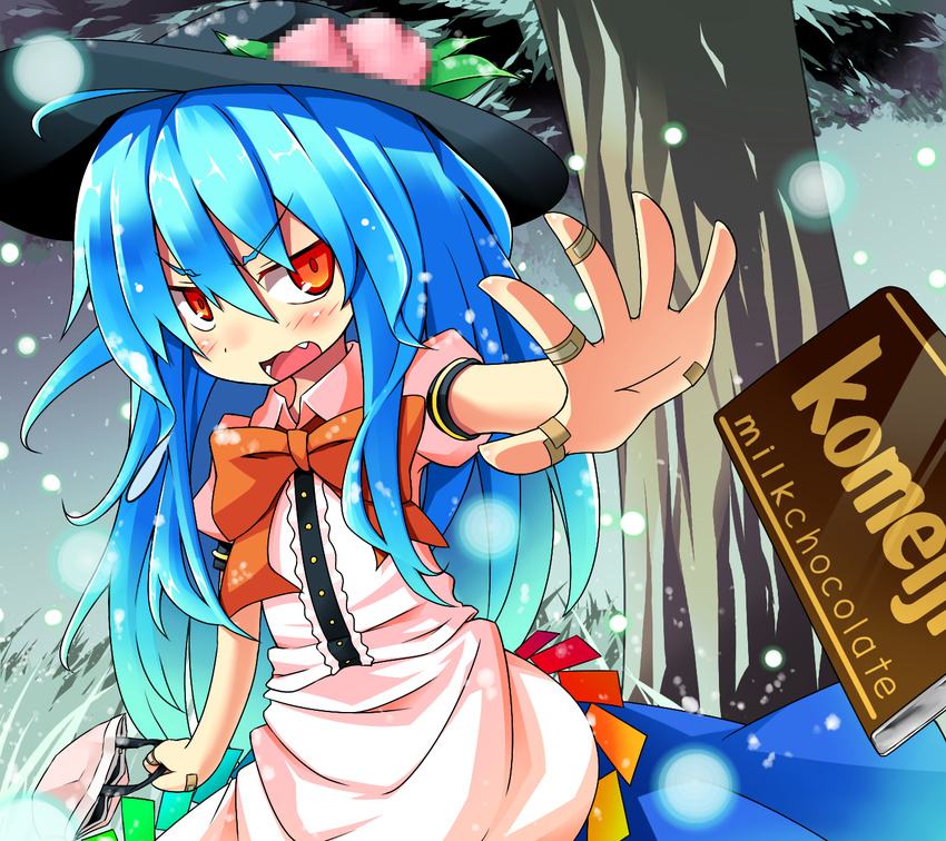 bag bandaid bandaid_on_hand blue_hair blush brand_name_imitation censored chocolate commentary_request dorowa_no_hito fake_censor female food fruit hat highres hinanawi_tenshi long_hair meiji_(brand) meiji_milk_chocolate oerba_yun_fang open_mouth peach puffy_sleeves red_eyes shirt short_sleeves skirt snowing solo throwing touhou tree tsundere valentine very_long_hair wavy_mouth