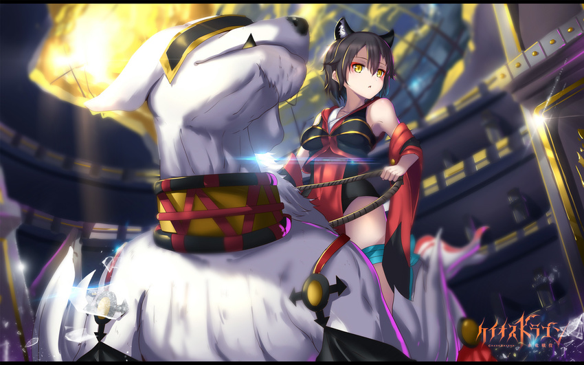 animal_ears black_hair blurry chaos_dragon commentary_request depth_of_field detached_sleeves eiha female highres hk_(hk) japanese_clothes mount photoshop_(medium) solo