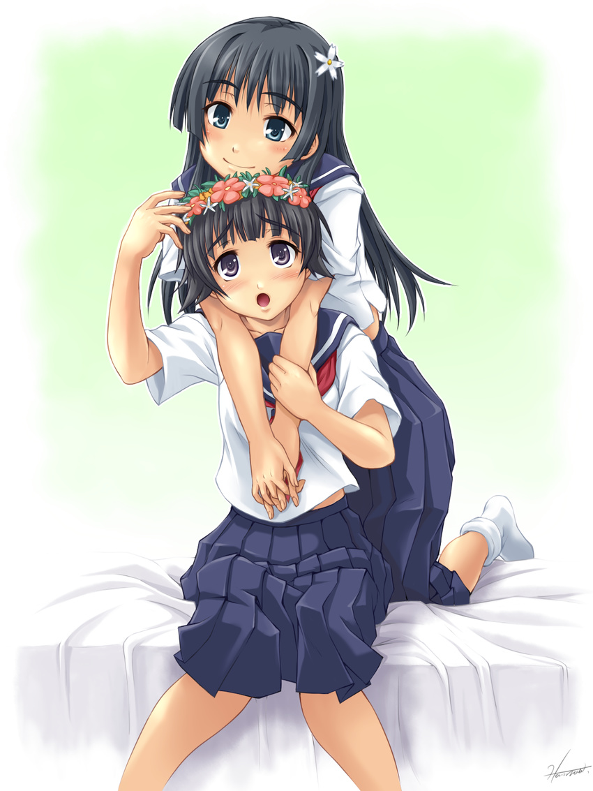 2girls :o bed black_hair blue_eyes blush brown_eyes flower hair_flower hair_ornament head_wreath highres hime_cut hug hug_from_behind kagehara_hanzou kneeling long_hair multiple_girls sakugawa_school_uniform saten_ruiko school_uniform serafuku short_hair sitting skirt smile socks summer_uniform toaru_majutsu_no_index uiharu_kazari