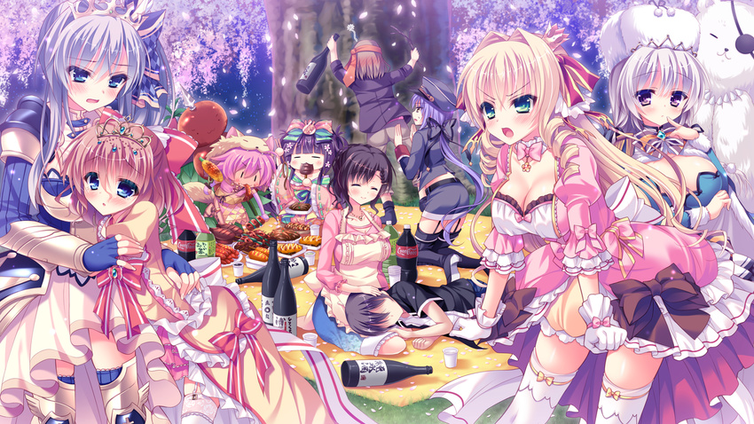 1boy 6+girls alcohol anastasia_imperator_erland angelica_kamira_erland apron black_hair black_legwear blonde_hair blue_eyes blush breasts cecilia_highland cherry_blossoms cleavage coca-cola crown dress drill_hair drunk eyepatch faceless faceless_male fione_riese_erland game_cg gloves green_eyes hair_intakes hair_ornament hat hinata_mutsuki lap_pillow large_breasts long_hair love_love_princess marigold_bruette_erland multiple_girls necktie necktie_on_head open_mouth paruru_pururu_erland picnic pink_hair purple_eyes purple_hair ribbon sake short_hair smile thighhighs tree tsukimori_mio_erland very_long_hair white_gloves white_hair white_legwear zettai_ryouiki