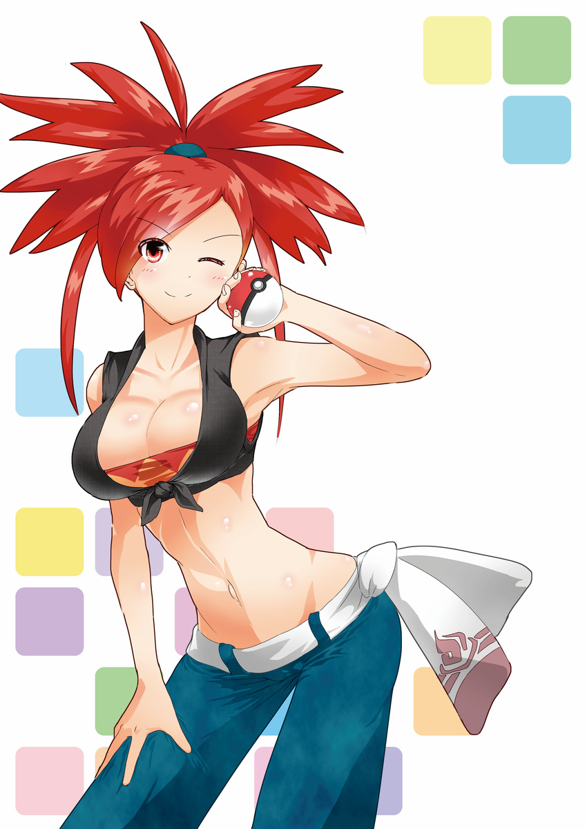 absurdres armpits blush breasts cleavage commentary_request crop_top denim domoshipette female flannery_(pokemon) highres jeans large_breasts midriff navel one_eye_closed pants poke_ball poke_ball_(basic) pokemon pokemon_oras red_eyes red_hair smile solo