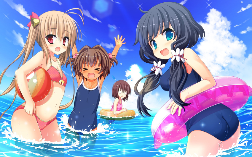 aqua_eyes ass ball bell bikini black_hair blonde_hair brown_hair clouds dark_skin game_cg group houjou_miku huei_hazuki kirishima_nono kurasuke long_hair low_rise!!! moriyama_rin red_eyes sawai_kogiri school_swimsuit short_hair sky swim_ring swimsuit twintails water