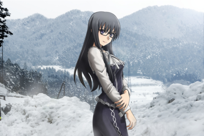 black_hair blush breasts commentary_request dress female genya_(genya67) gretel_jeckeln highres large_breasts long_hair muv-luv muv-luv_alternative schwarzesmarken snow