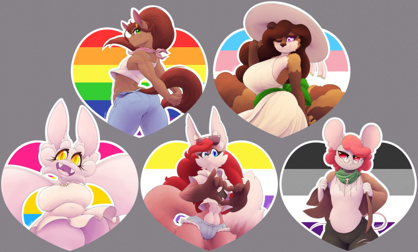 2022 accessory anthro asexual_pride_colors ass athletic athletic_anthro athletic_male bandana bat belly big_breasts bird_skull bisexual_pride_colors black_nose blue_eyes bottomwear breasts brown_body brown_fur brown_hair brown_nose bulge canid canine cheek_tuft clothed clothing countershade_face countershade_torso countershading crop_top curled_hair cutoffs denim denim_bottomwear denim_clothing dress eli_(twistedlilheart) equid equine eyebrows eyelashes eyewear eyewear_on_head facial_tuft felix_(twistedlilheart) female fluffy fluffy_tail fox freckles fur gesture glasses green_eyes hair hair_accessory hairclip half-closed_eyes hand_heart hands_behind_back hands_together hat headgear headwear heart_eyes heart_symbol hi_res horse hotpants huge_breasts jacket jeans jewelry kerchief lgbt_pride long_ears long_fangs long_hair looking_back looking_down male mammal markings membrane_(anatomy) membranous_wings midriff misha_(twistedlilheart) molo_(twistedlilheart) mouse multiple_images murid murine narrowed_eyes navel necklace nonbinary_pride_colors one_eye_closed open_mouth open_smile pants pink_hair pink_nose ponytail portrait pride_color_background pride_colors pride_heart procyonid purple_eyes raccoon rainbow_pride_colors rainbow_symbol rear_view red_hair ribbons rodent scarf serina_(twistedlilheart) shirt short_dress shorts simple_background six-stripe_rainbow_pride_colors slightly_chubby slightly_chubby_anthro slightly_chubby_female smile solo standing striped_markings striped_tail stripes sunglasses sunglasses_on_head tail tail_markings thick_eyebrows thick_thighs three-quarter_portrait topwear trans_(lore) trans_woman_(lore) transgender_pride_colors tuft twistedlilheart white_body white_fur wings yellow_eyes