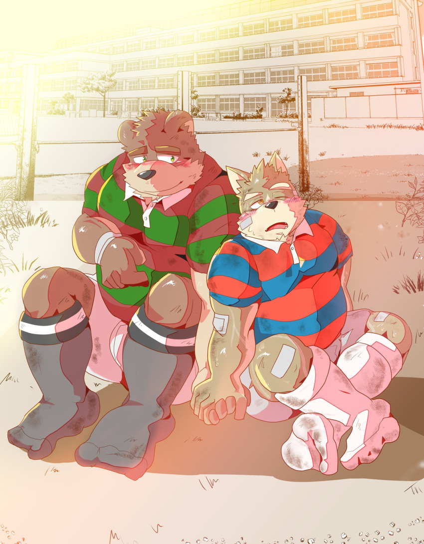 2021 anthro bandage bear blush bodily_fluids bottomwear brown_body brown_fur canid canine canis clothing dirty dirty_clothing dirty_socks domestic_dog duo footwear fur hand_holding hi_res kemono looking_at_another male male/male mammal multicolored_body open_mouth outside overweight overweight_male rugby sansan_ocha shirt shorts sitting socks sweat tan_body tan_fur topwear two_tone_body