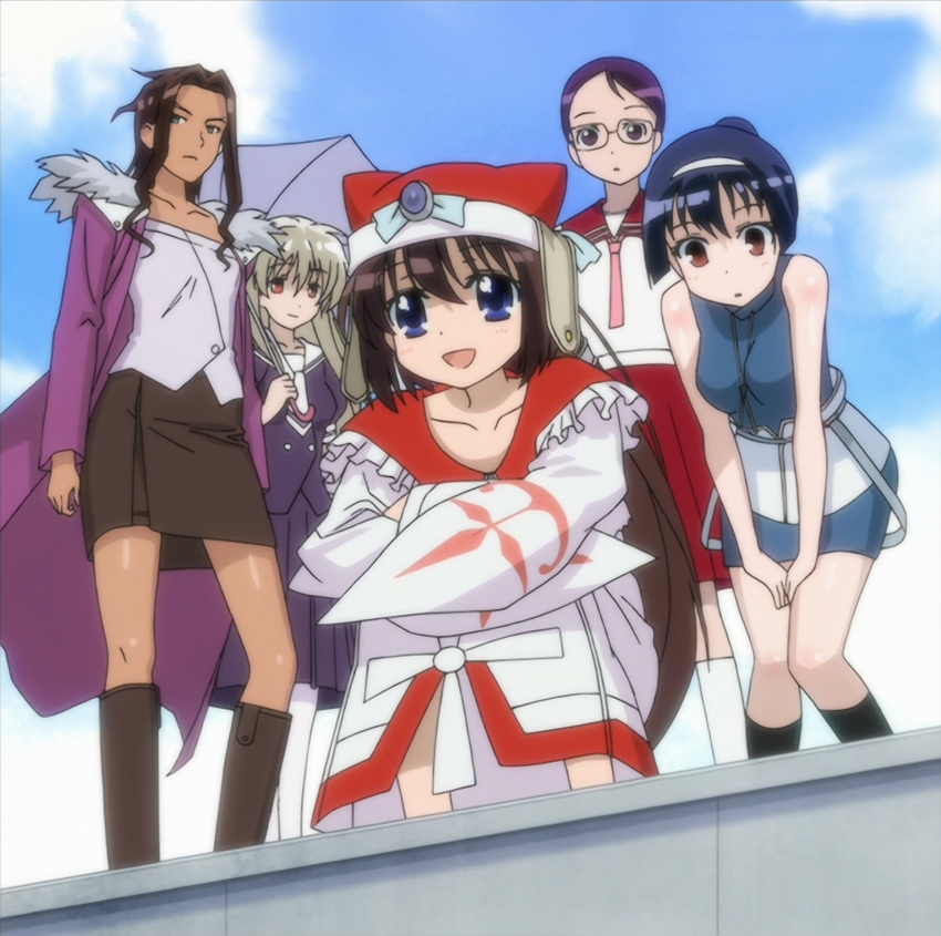 5girls anime_screenshot black_hair blonde_hair blue_eyes blue_sky boots brown_eyes brown_hair choe_myeong_hwa cloud day glasses hair_bun hao_huiyu hat highres long_hair megan_davin multiple_girls nelly_virsaladze non-web_source parasol photoshop_(medium) ponytail saki_(manga) school_uniform single_hair_bun sky sleeveless squatting standing tsujigaito_satoha umbrella