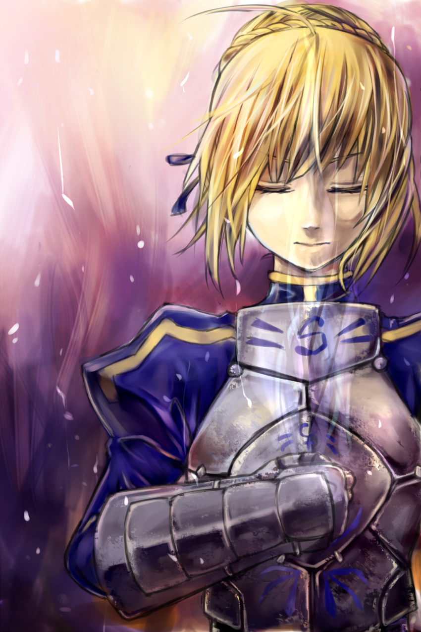 ahoge armor armored_dress artoria_pendragon_(fate) blonde_hair closed_eyes commentary_request fate/stay_night fate_(series) female gauntlets hair_ribbon highres invisible_air_(fate) milysnow puffy_sleeves ribbon saber_(fate) solo sword weapon