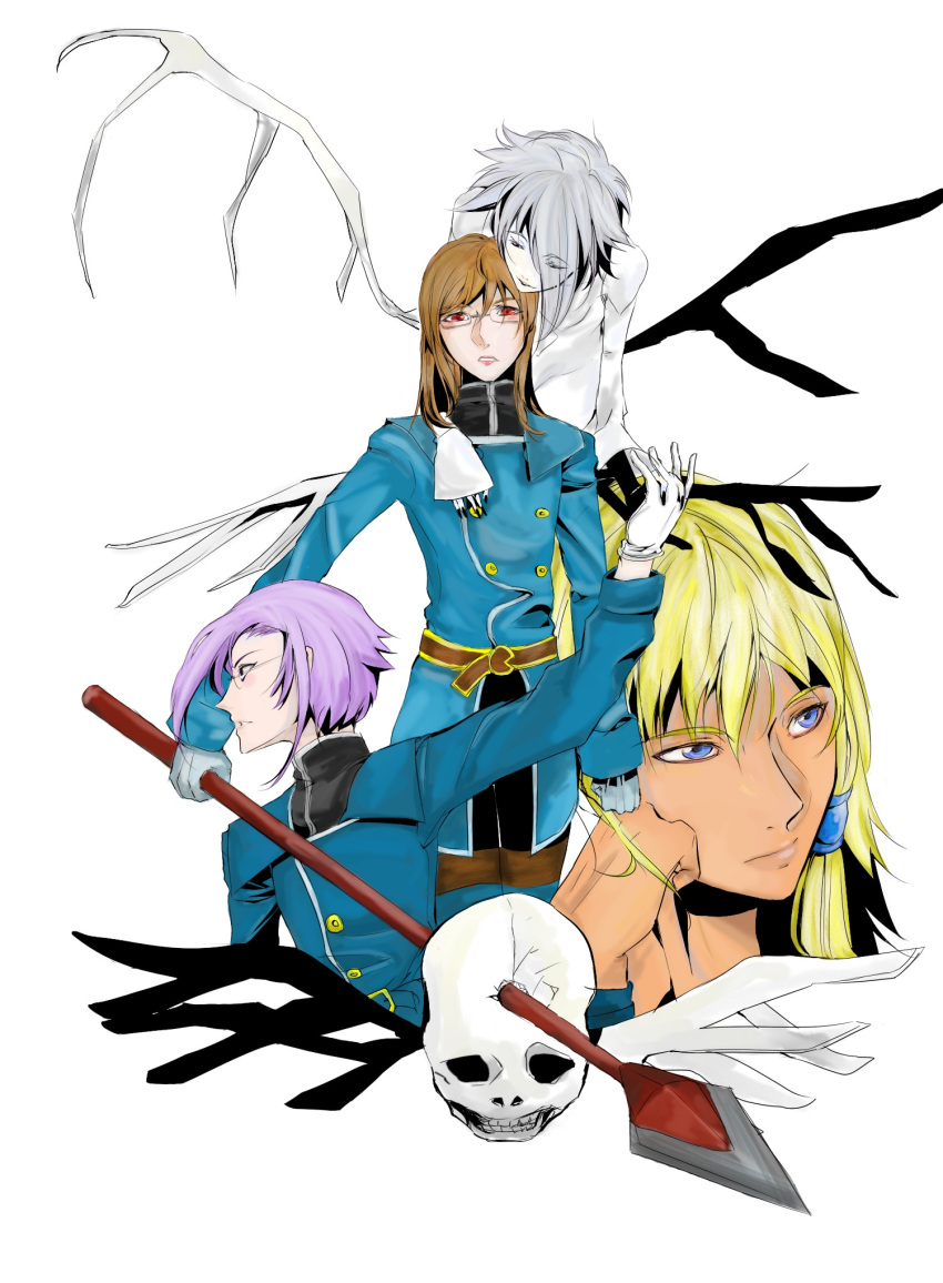 3boys belt blonde_hair blue_eyes brown_hair coat dist female gelda_nebilim glasses grey_hair highres jade_curtiss long_hair multiple_boys peony_ix polearm purple_eyes purple_hair red_eyes short_hair skull spear tales_of_(series) tales_of_the_abyss weapon wings