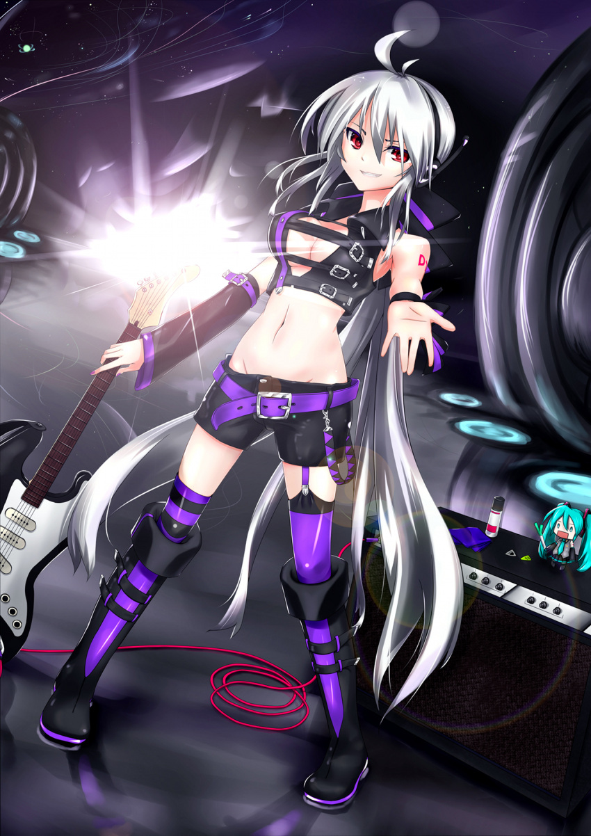 breasts cleavage dangan_neko electric_guitar guitar hand_extended hatsune_miku highres instrument red_eyes silver_hair smile vocaloid yowane_haku