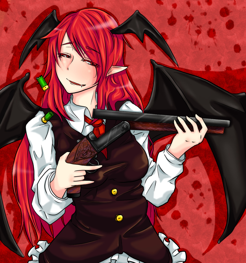 bat_wings casing_ejection commentary_request female gun head_wings highres koakuma long_hair oerba_yun_fang pointy_ears red_hair sawed-off_shotgun shell_casing shotgun solo the_nekoma touhou trigger_discipline troll_face upper_body weapon wings