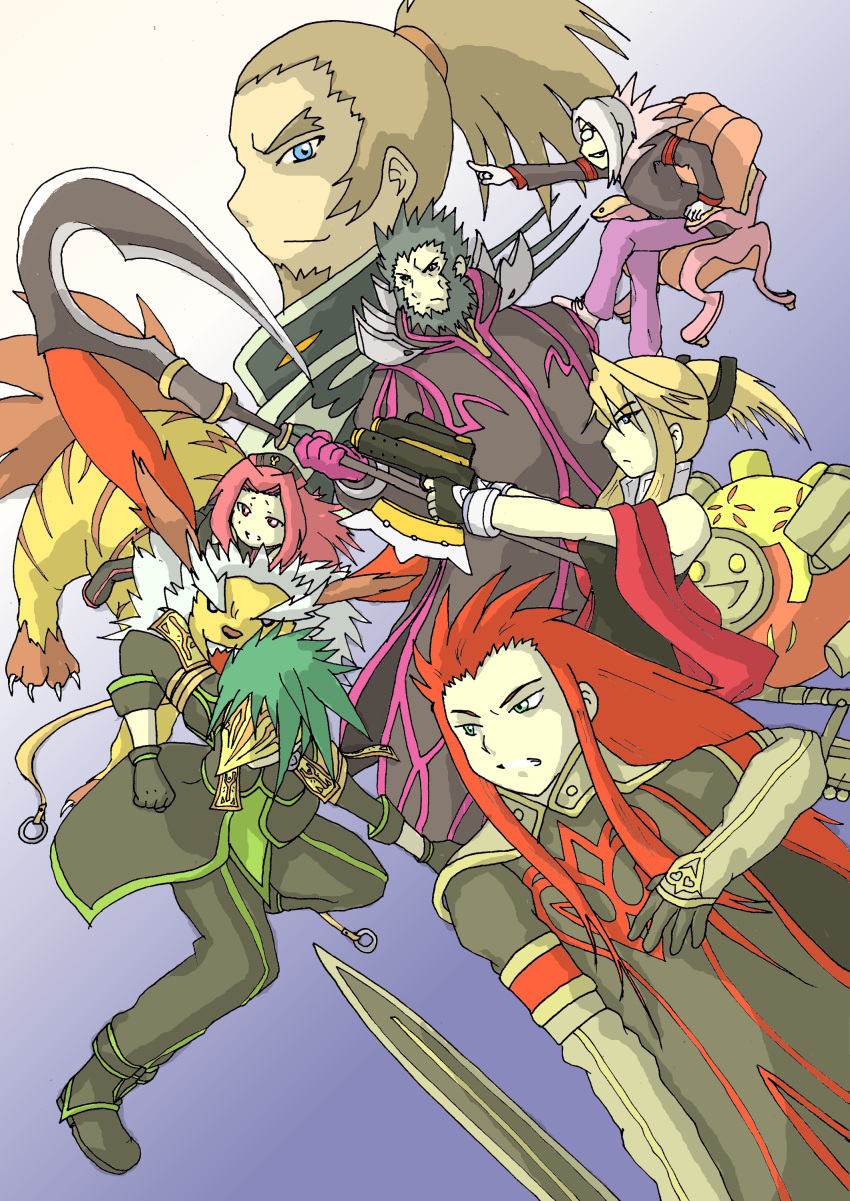 absurdres arietta asch beard black_hair blonde_hair blue_eyes breasts brown_hair creature dist facial_hair glasses gloves green_eyes green_hair grey_hair gun highres largo legretta long_hair mask pink_eyes pink_hair red_hair scythe short_hair sword sync tales_of_(series) tales_of_the_abyss van_grants weapon