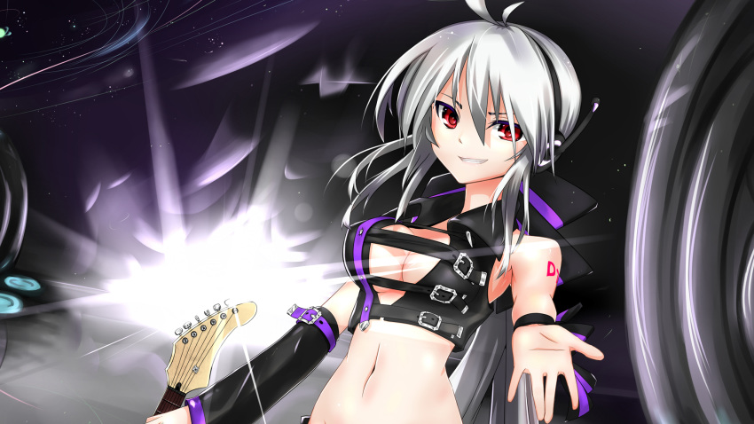 breasts cleavage dangan_neko electric_guitar guitar hand_extended highres instrument smile vocaloid wallpaper yowane_haku