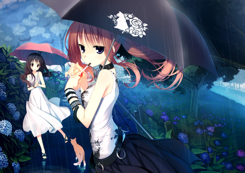 2girls black_hair brown_hair cigarette collar dress feline field flower flower_field high_heels hydrangea kagome_(traumatize) long_hair multiple_girls open_shoes original rain scenery shoes umbrella