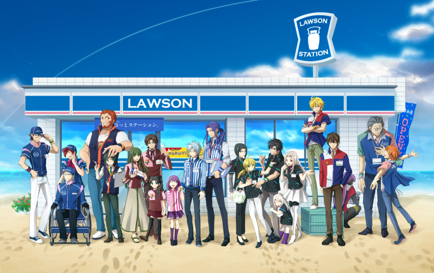 6+boys 6+girls alternate_costume artoria_pendragon_(fate) assassin_(fate/zero) commentary_request convenience_store diarmuid_ua_duibhne_(lancer)_(fate) emiya_kiritsugu employee_uniform family fate/zero fate_(series) father_and_daughter female_assassin_(fate/zero) gilgamesh_(fate) gilles_de_rais_(caster)_(fate) hat highres hitohana husband_and_wife illyasviel_von_einzbern irisviel_von_einzbern iskandar_(fate) kayneth_el-melloi_archibald kotomine_kirei lancelot_(fate/zero) lawson matou_kariya matou_sakura monocle mother_and_daughter multiple_boys multiple_girls pantyhose photoshop_(medium) saber_(fate) shop siblings sisters spoilers striped thighhighs tohsaka_aoi tohsaka_rin tohsaka_tokiomi uniform uryuu_ryuunosuke vertical_stripes waver_velvet wheelchair