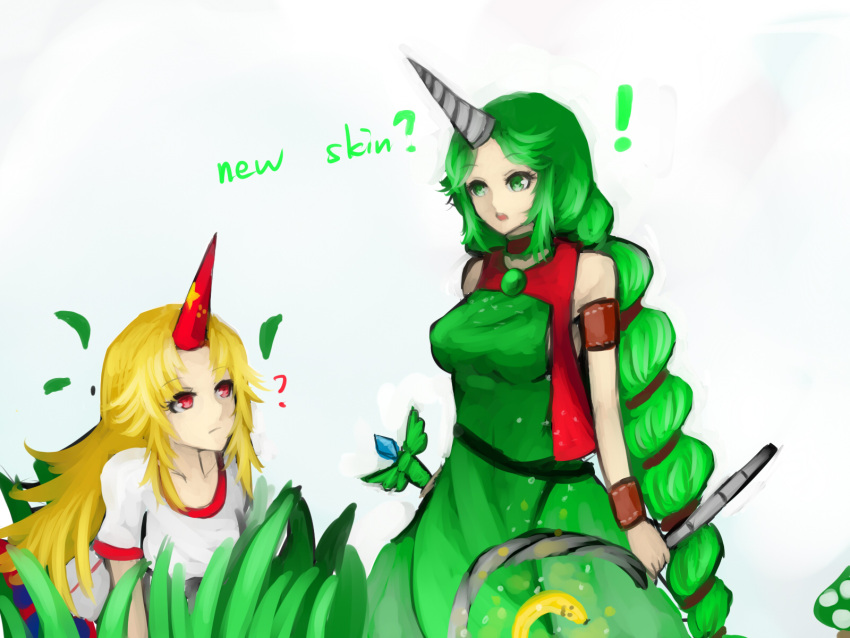 ! 2girls ? bad_id bad_pixiv_id banana blonde_hair commentary crossover dryad_soraka english_text food fruit green_eyes green_hair highres horns hoshiguma_yuugi kumiko_shiba league_of_legends look-alike multi-tied_hair multiple_girls red_eyes single_horn soraka_(league_of_legends) touhou