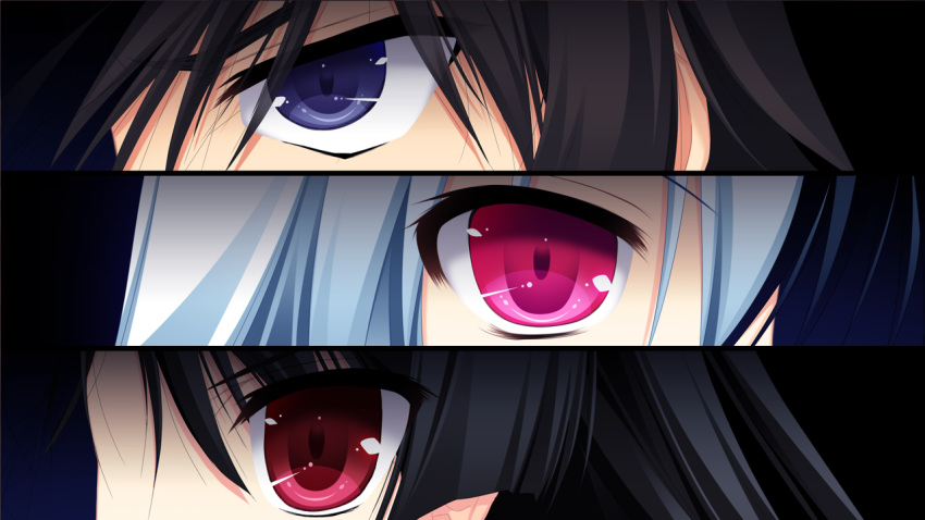 1boy 2girls asayama_rui black_hair blue_eyes close-up eye_focus game_cg ichinose_yua makita_maki multiple_girls non-web_source red_eyes shinigami_no_testament vivi_alhazerd white_hair