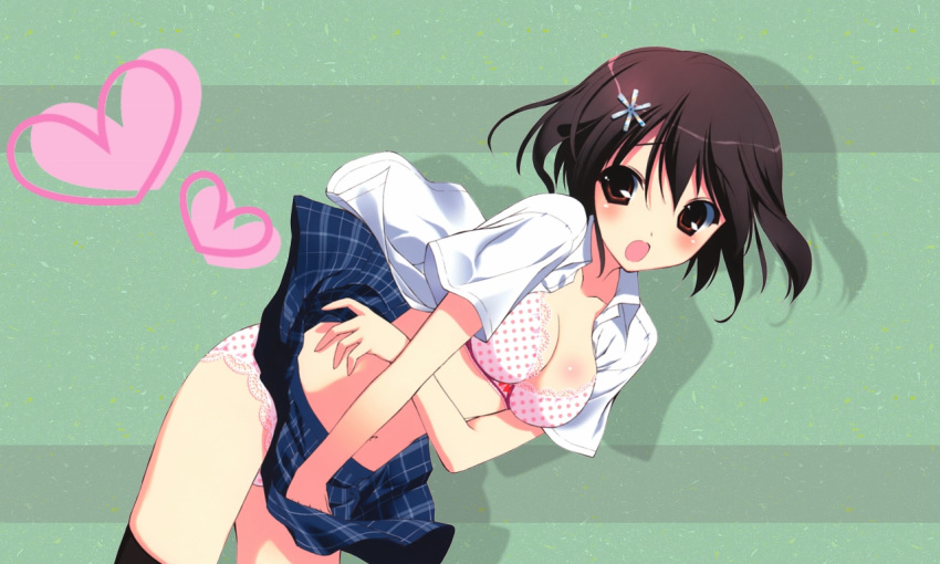 bad_link bra bra_pull breasts brown_eyes brown_hair cleavage clothes_lift clothes_pull d: female fumio_(ura_fmo) heart medium_breasts navel open_clothes open_mouth open_shirt original panties pantyshot polka_dot polka_dot_bra polka_dot_panties shirt short_hair skirt skirt_lift solo thighhighs underwear wind wind_lift