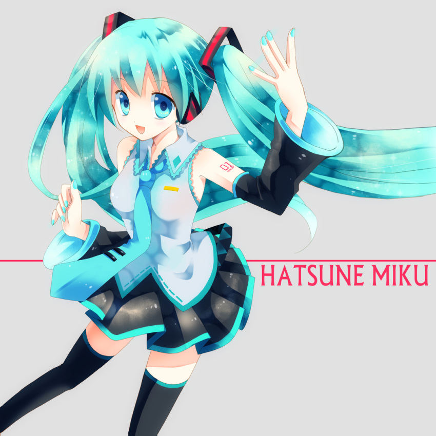 aqua_eyes aqua_hair character_name commentary detached_sleeves female hatsune_miku headphones long_hair mineko nail_polish necktie open_mouth photoshop_(medium) simple_background skirt solo thighhighs twintails very_long_hair vocaloid