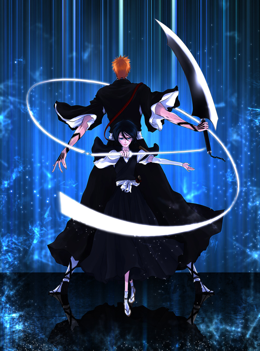 101sq 1boy absurdres back back-to-back black_hair bleach blue_eyes detached_sleeves female female gloves hair_between_eyes highres japanese_clothes kuchiki_rukia kurosaki_ichigo looking_at_viewer male orange_hair short_hair smile sode_no_shirayuki sword touya_(pixiv4112744) weapon