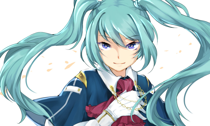 aqua_hair blue_eyes capelet commentary_request female gloves hand_on_own_chest hatsune_miku long_hair partial_commentary smile solo sugita twintails vocaloid