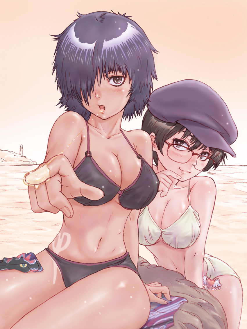 2girls :o absurdres arched_back arm_support bare_shoulders bikini black_eyes black_hair blush breasts brown_hair cleavage commentary_request finger_to_mouth foreshortening glasses hair_over_one_eye hat head_tilt heart highres large_breasts multiple_girls navel nazo_no_kanojo_x o-ring o-ring_top ocean oka_ayuko over-rim_eyewear red-framed_eyewear revision rock saliva saliva_trail scissors semi-rimless_eyewear shiny_skin short_hair sitting strap_gap sun_tattoo swimsuit tan tanlines urabe_mikoto water yoshikawa_kazunori