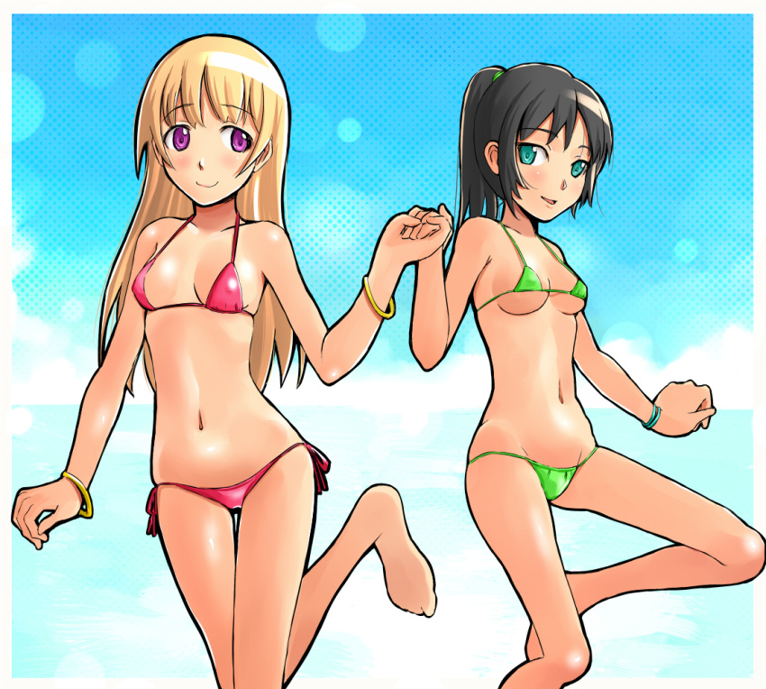 2girls aqua_eyes bad_id bad_pixiv_id barefoot bikini black_hair blonde_hair bracelet holding_hands jewelry long_legs multiple_girls navel original ponytail purple_eyes shuuji_(shumi) side-tie_bikini_bottom smile swimsuit