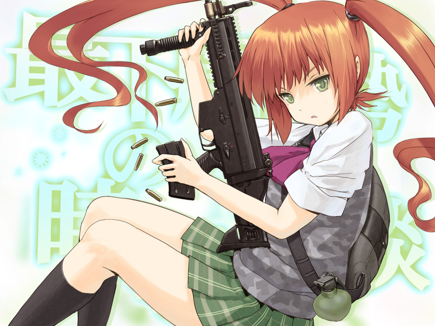 assault_rifle bag brown_hair bullet camouflage commentary_request explosive female fn_scar fn_scar_16 green_eyes grenade gun holding long_hair nichiki original rifle school_uniform skirt socks solo twintails weapon