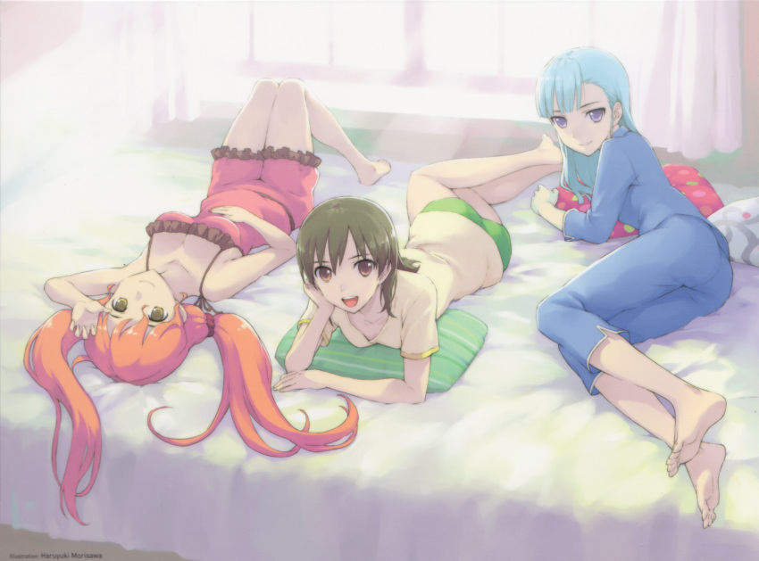 3girls absurdres barefoot bed brown_eyes brown_hair feet fin_e_ld_si_laffinty highres kyouno_madoka long_hair lying morisawa_haruyuki muginami multiple_girls on_back on_bed on_side on_stomach orange_hair pajamas photoshop_(medium) pillow purple_eyes rinne_no_lagrange smile soles toes twintails upside-down yellow_eyes