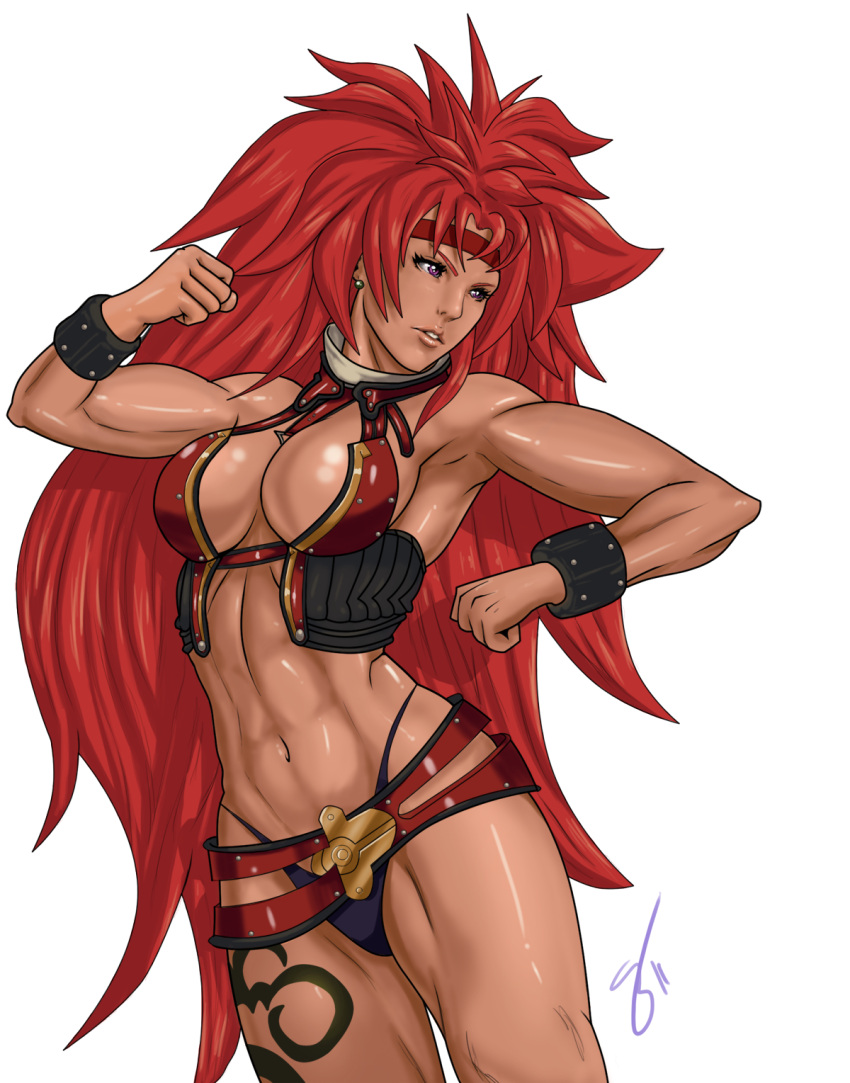 amazon black_thong breasts cleavage dark_skin earrings headband highres jewelry large_breasts long_hair muscle navel panties purple_eyes queen's_blade red_hair revealing_armor risty solo su0grey tattoo thong toned underwear very_long_hair