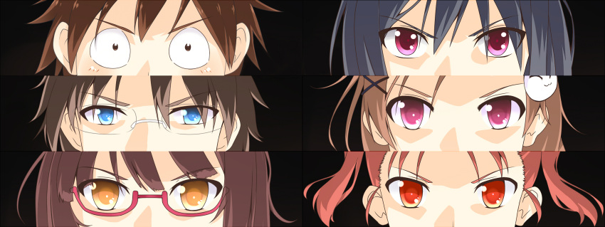 2boys 4girls accel_world aqua_current arita_haruyuki bad_id bad_pixiv_id black_hair blue_eyes brown_hair dacchi eye_focus glasses hair_ornament hairclip highres kouzuki_yuniko kurashima_chiyuri kuroyukihime mayuzumi_takumu multiple_boys multiple_girls parody persona persona_eyes pink_eyes purple_eyes red_eyes red_hair short_twintails twintails yellow_eyes