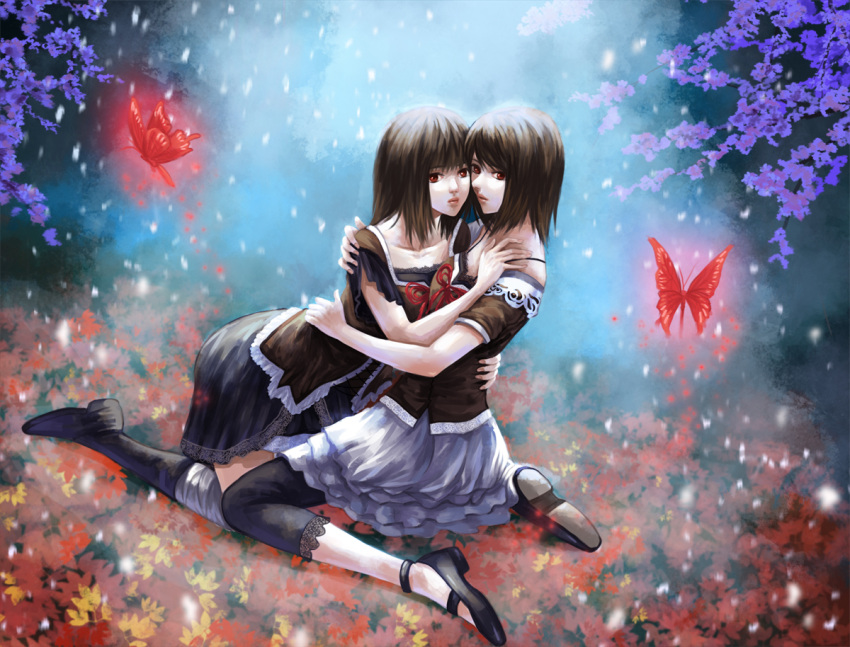 2girls amakura_mayu amakura_mio bad_id bad_pixiv_id black_hair bug butterfly fatal_frame fatal_frame_2 hug kacyu leggings multiple_girls no_socks red_butterfly short_hair siblings sisters skirt twins