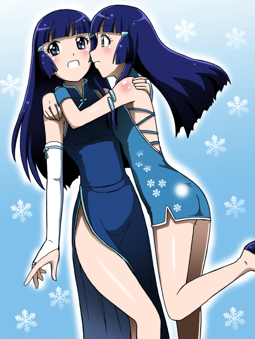 2girls aoki_reika blue_eyes blue_hair blush china_dress chinese_clothes commentary_request dress dual_persona hair_ornament hairclip highres long_hair multiple_girls no_panties open_mouth precure side_slit smile smile_precure snowflakes takaya_n