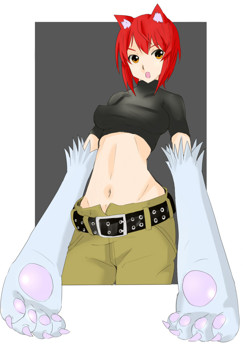 animal_ears belt female female highres hyakute_gyojin kaibutsu_oujo looking_at_viewer midriff mound_of_venus navel open_mouth orange_eyes paws red_hair riza_wildman short_hair solo wolf_ears