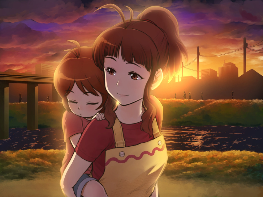 2girls aged_down ahoge antenna_hair apron blush bridge brown_eyes brown_hair carrying chiaki_rakutarou commentary_request hidaka_ai hidaka_mai highres idolmaster idolmaster_dearly_stars lolicon long_hair looking_back mother_and_daughter multiple_girls piggyback ponytail river short_hair sleeping smile sunset water