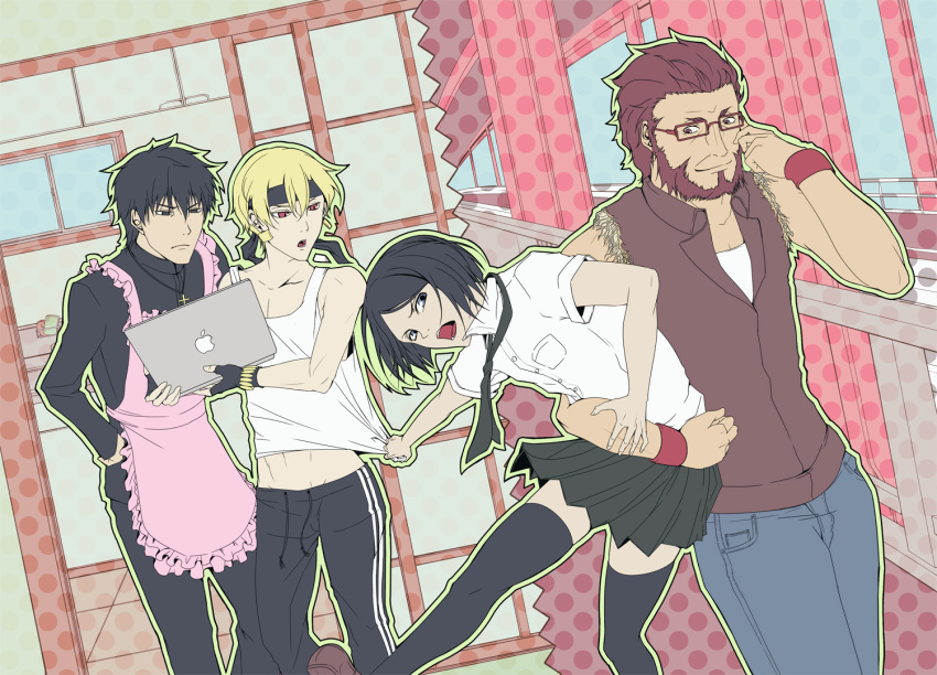 3boys apple apple_inc. apron beard black_hair blonde_hair commentary_request computer earrings facial_hair fate/zero fate_(series) female flat_color food fruit genderswap_(mtf) gilgamesh_(fate) gilgamesh_(sensha_otoko)_(fate) glasses headband iskandar_(fate) iskandar_(sensha_otoko)_(fate) jewelry kosho kotomine_kirei kotomine_kirei_(sensha_otoko) laptop multiple_boys necktie pleated_skirt product_placement red_eyes red_hair rule_63 sensha_otoko skirt tank_top thighhighs vest